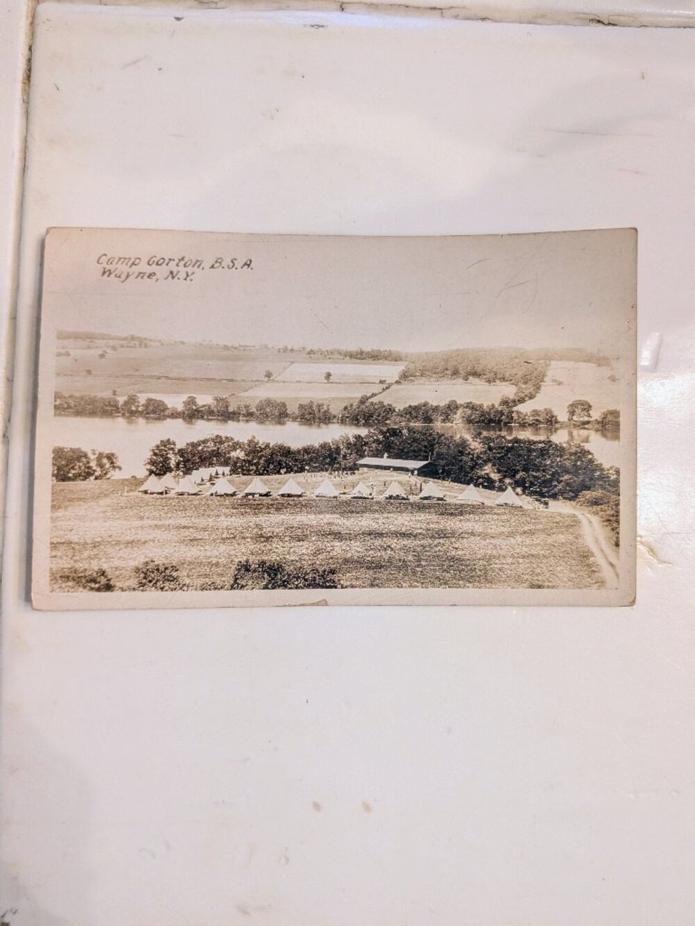 Antique 1928 Camp Gorton B.S.A. Wayne NY Postcard RPPC Boy Scouts Typewritten